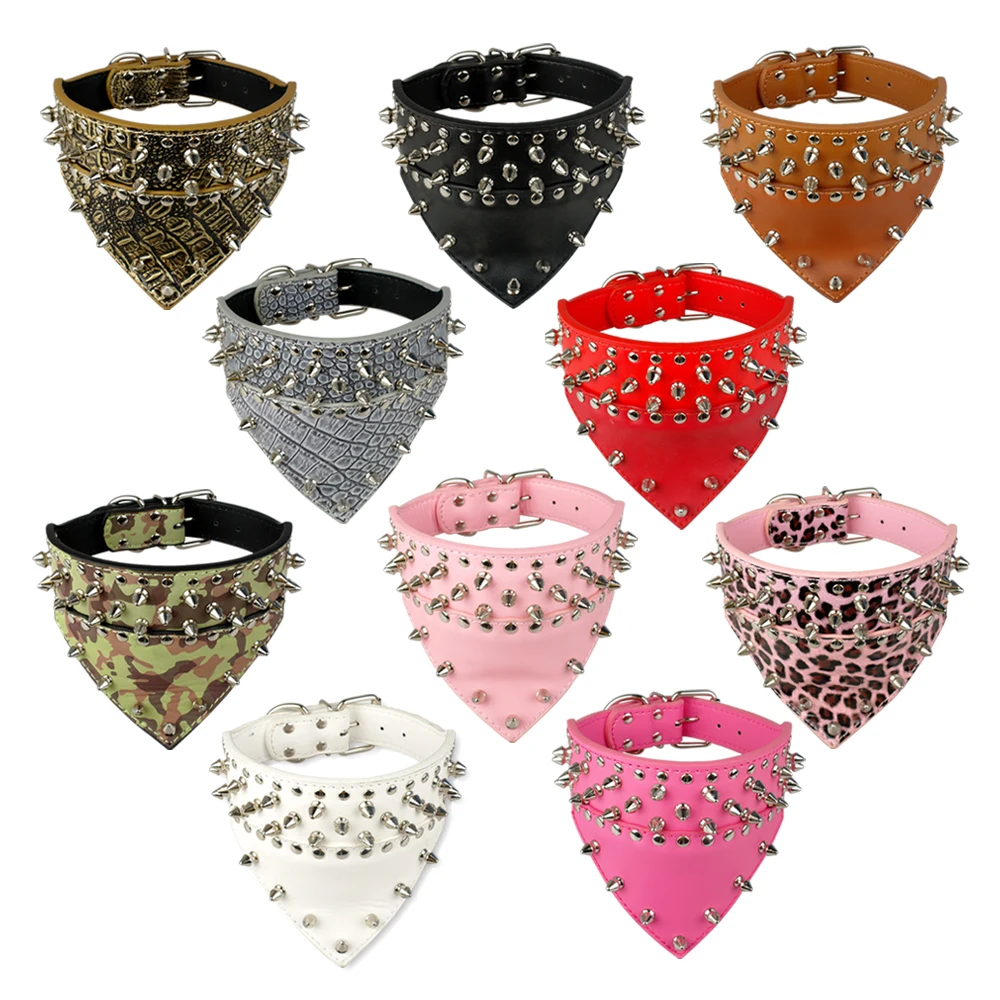 

2" Wide Pet Dog Bandana Collars Leather Spiked Studded Pet Dog Collar Scarf Neckerchief Fit For Medium Large Dogs Pitbull Boxer, Black/ coffee / white / gold brown / pink leopard