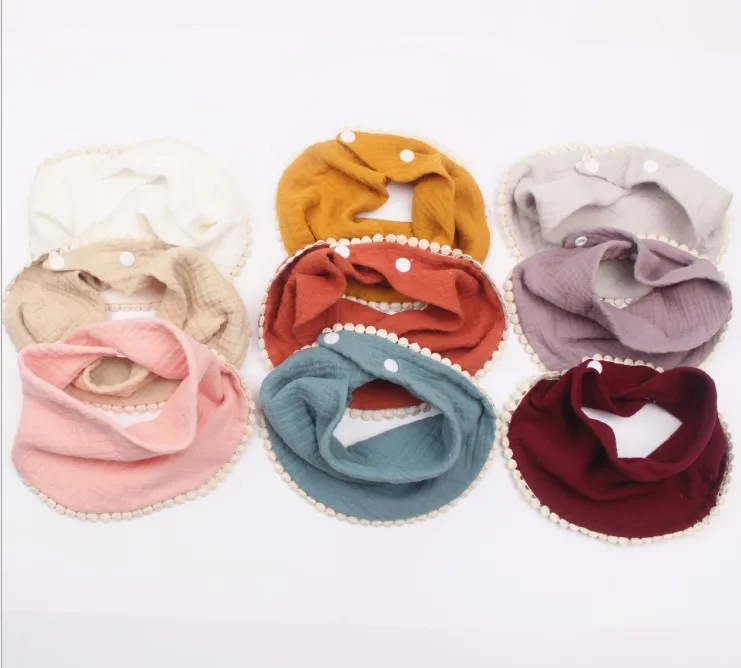 

New design Pom Pom Bib Snaps 100% Cotton Muslin Teething soft drool towel Baby Cotton Bandana Gauze Bib, As shown