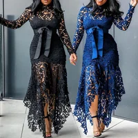 

2020 Hollow mesh sexy lace long sleeve maxi dresses women plus size dress