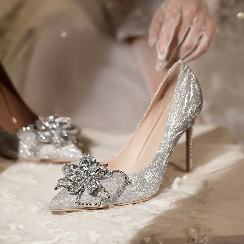 

6CM/8CM/10CM Wedding Chaussure Fashion Crystal Rhinestone Luxury High Covering Stiletto Gold Heels for Women