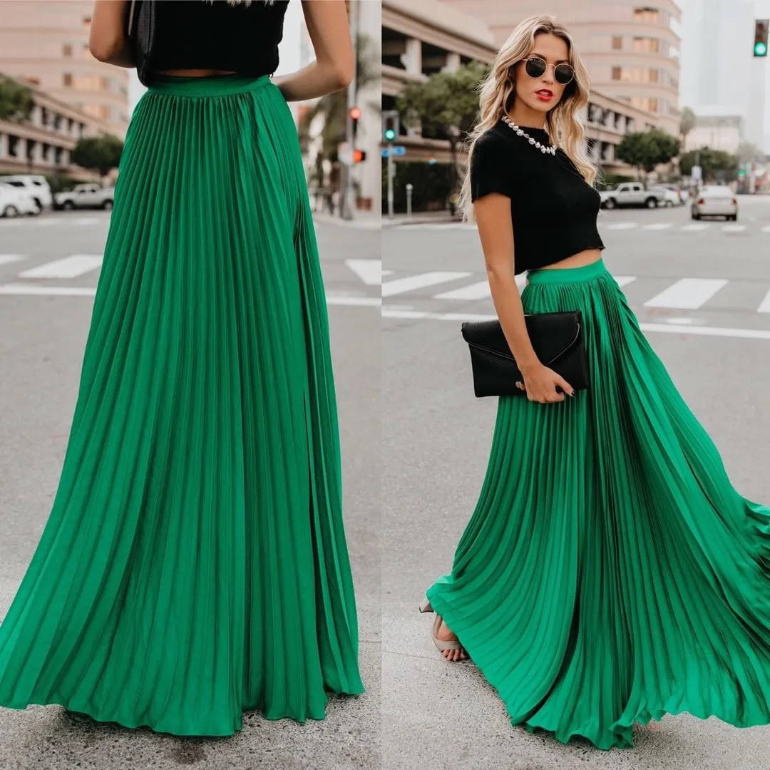 

103-105cm Retro Women Long Skirt Fashion Elegant Shiny Style Pleated Skirt Women New Casual Spring Summer Ladies Maxi Skirt 10%