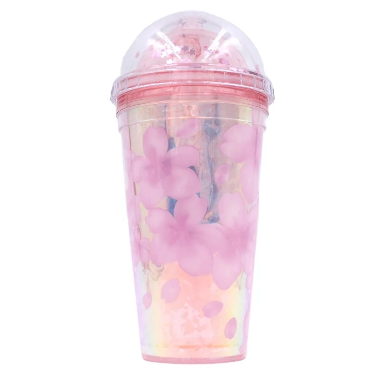 

Colorful cherry blossom sequin ice cup with lid, plastic ice cream cup, Customization accepted