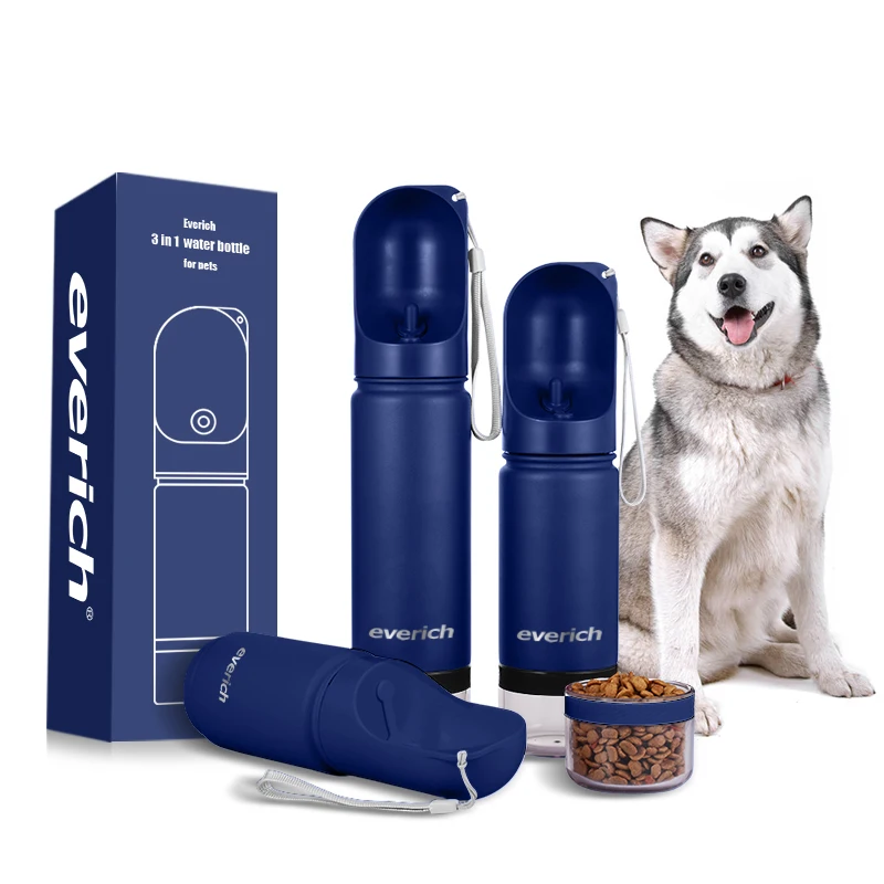 

14 Oz hot sell Portable Dog Drinking stainless steel Water Bottle 3 In 1 Pet Outdoor Feeder Travel Bottle with food container