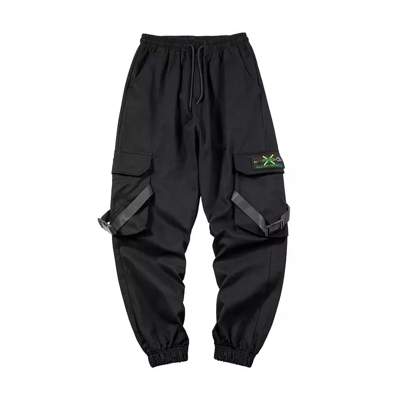 

Men's Side Pockets Cargo Harem Pants 2021 Ribbons Black Hip Hop Casual Male Joggers