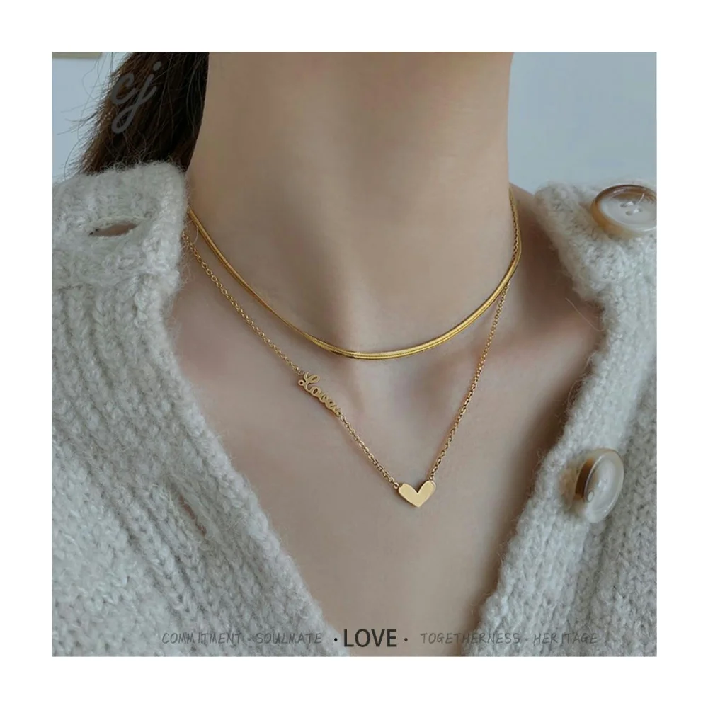 Carline Stainless Steel Gold Plated Love Heart Necklace Waterproof Double Layer Non Tarnish Clavicle Chain Chokers Necklace