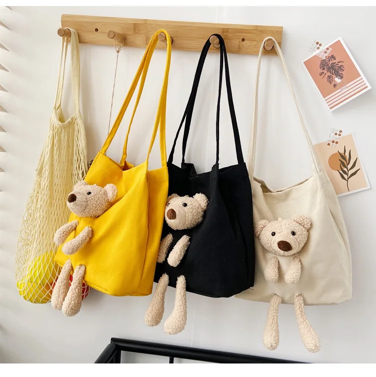 

Cute girls high quality larger capacity fashion canvas little bear daily shopping relaxation women tote bag shoulder bag, Picture shows