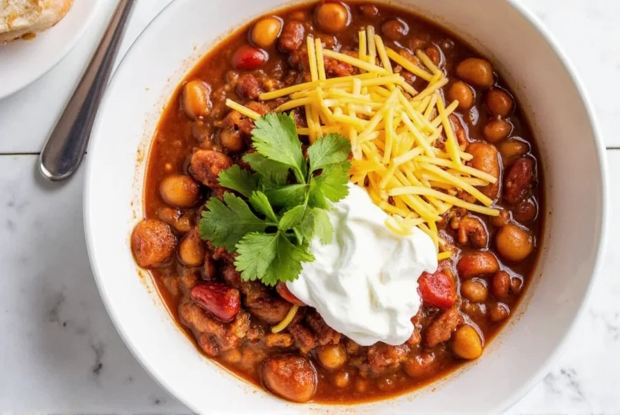 Finished turkey chili recipe served in bowl with toppings like sour cream, cheese, and cilantro