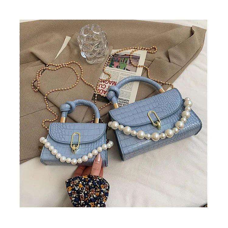 

Designer Knotted Handle Women Evening Clutch Trendy Alligator Square Bags Lady Elegant Pearl Chain Messenger Bags Sac a main