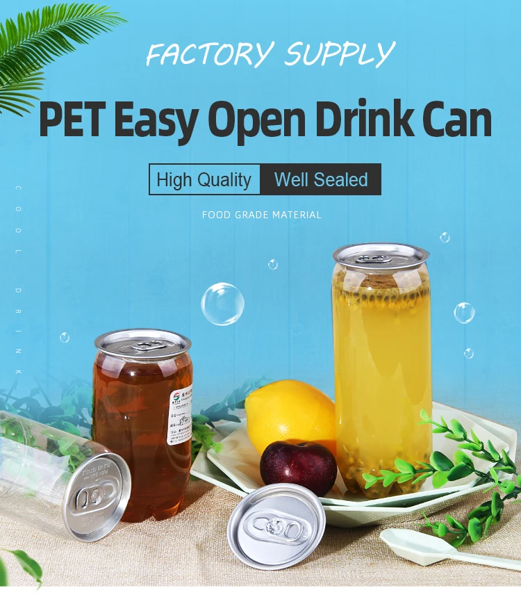 Custom PET Transparent Soft Drink Can Plastic Soda Can Beverage Can With Easy Open End