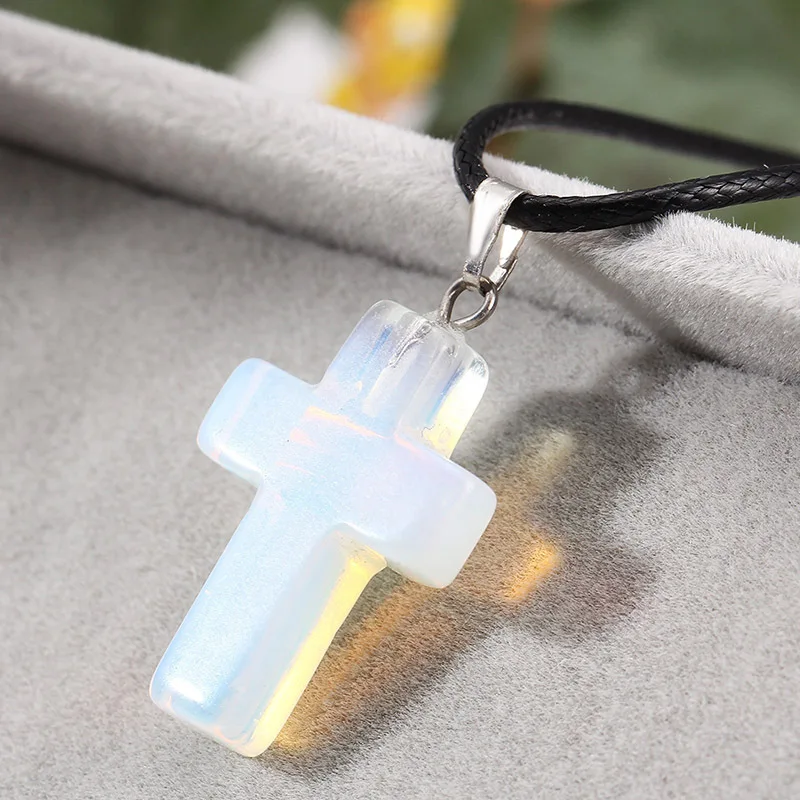 

Fashion hot sale Leather pink natural stone pink colorful cross pendant necklace, As pic