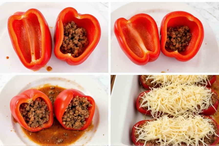 Step-by-step preparation of stuffed red peppers with ground beef showing peppers cut in half, filling mixture, and baked finished product with melted cheese topping