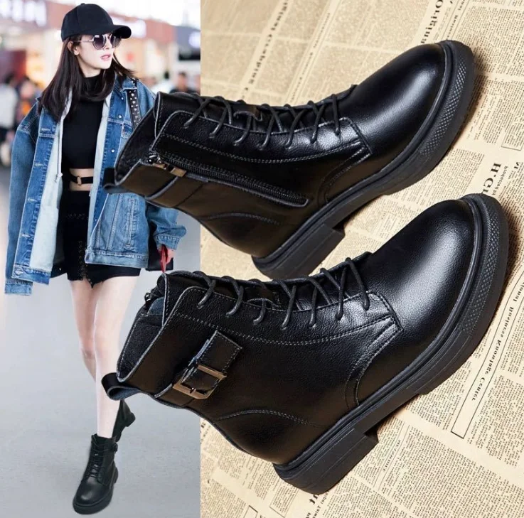 

Winter and autumn shoes new design fashion Martin boots zipper leather women boots, Black