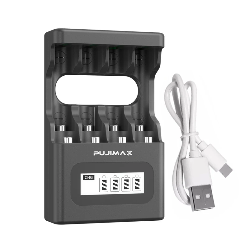 

PUJIMAX LCD display smart 1.5v aa aaa battery charger 4 slots 1.5v lithium battery pack charger aa aaa li-ion battery charger