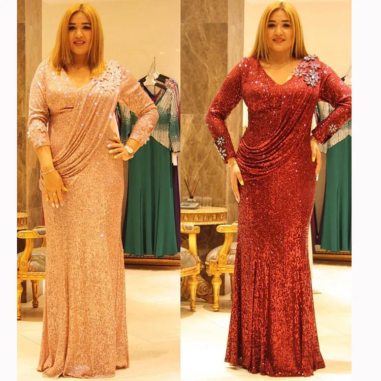 

2021 African fashion women's party dress V neck sequins plus size parti wear evening dresses even gown, Champagne,bordeaux red