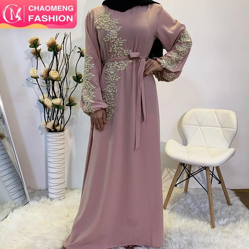 

6322# Latest fashion beautiful pearls jubah high quality abaya designs kaftan dress muslim dress islamic clothing, Brown/black/pink/blue/white