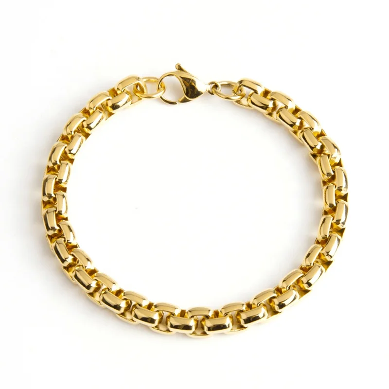

Factory Directly Wholesale Men Hiphop Chain Gold Plated Stainless Steel Pave Round Box Bracelet Chain, Gold/silver