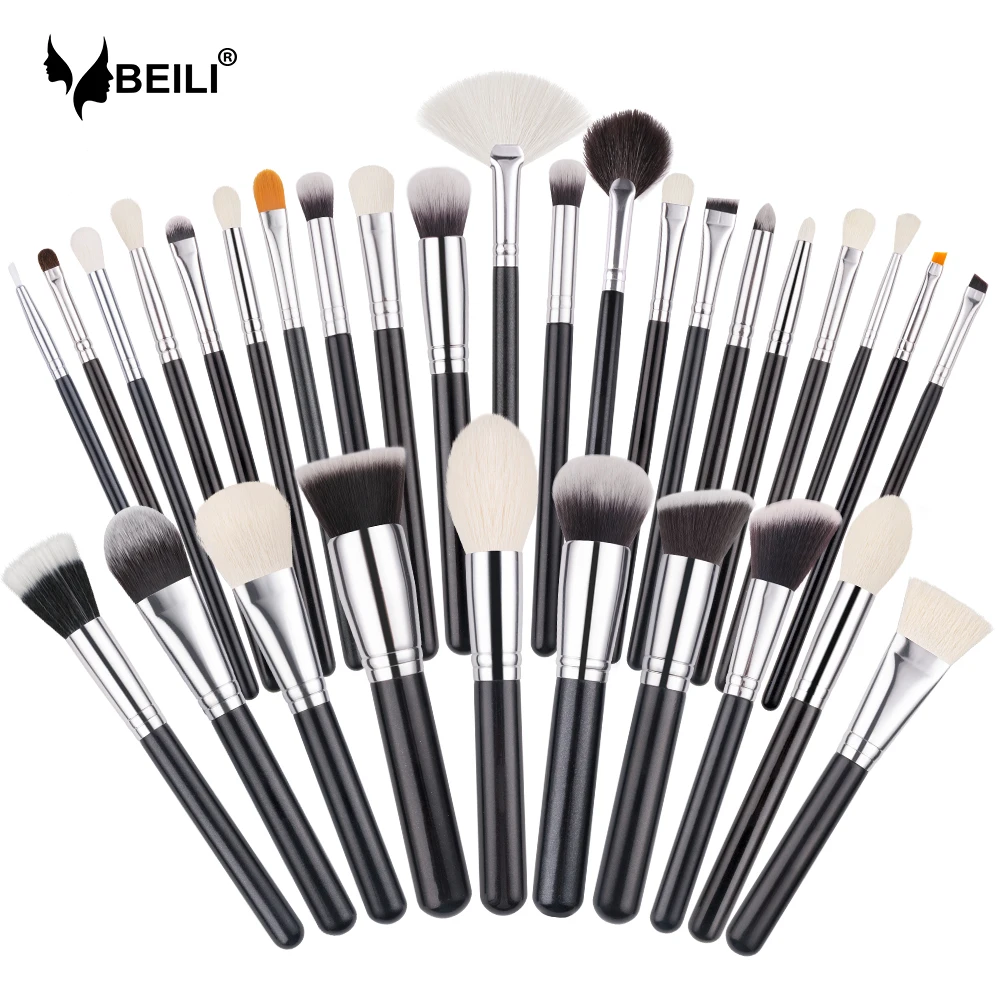 

BEILI vegan make up brush private label wholesale professional 30pcs black wooden handle makeup brush set