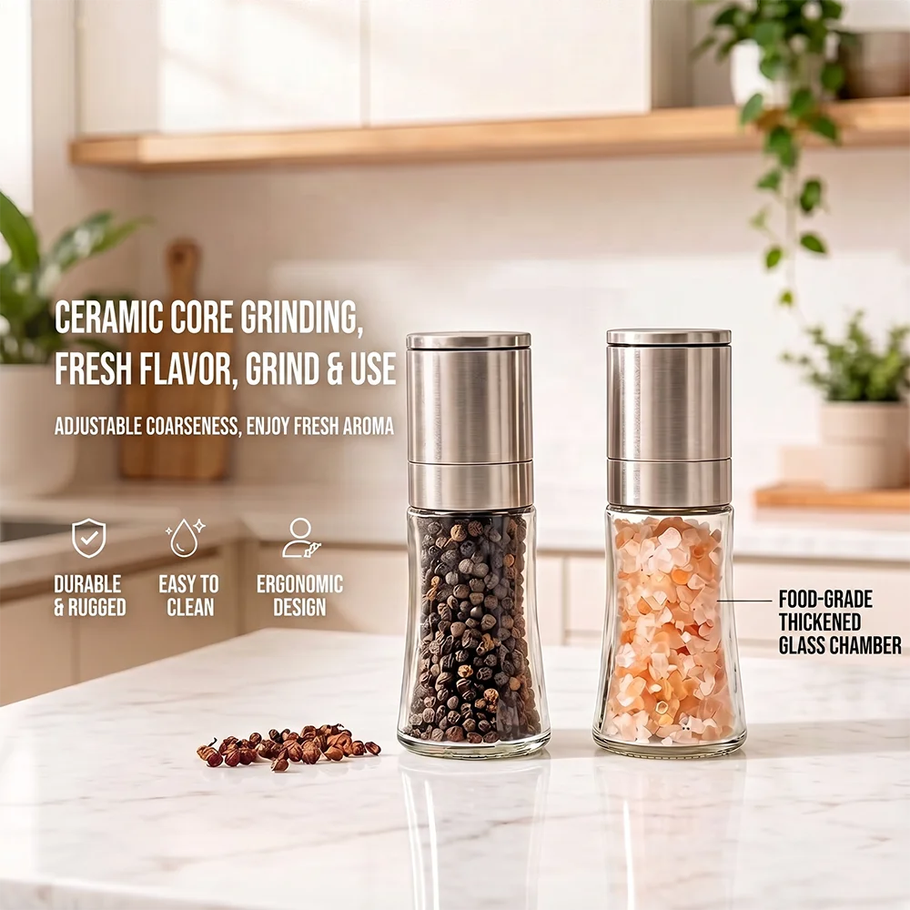 Stainless Steel Glass Mini Salt and Pepper Grinder SetPepper and Salt Grinder SetSalt Grinder