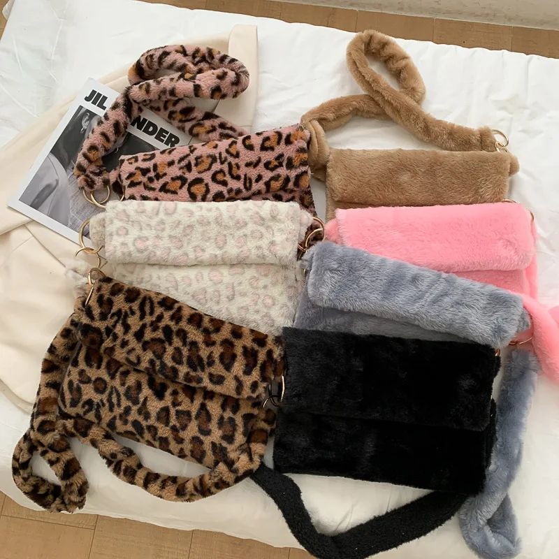 

Autumn Winter Hot Sale Korean Fashion Girls Sling Bags Lady Plush Fur Leopard Shoulder Crossbody Messenger Bags for Women, 7colors