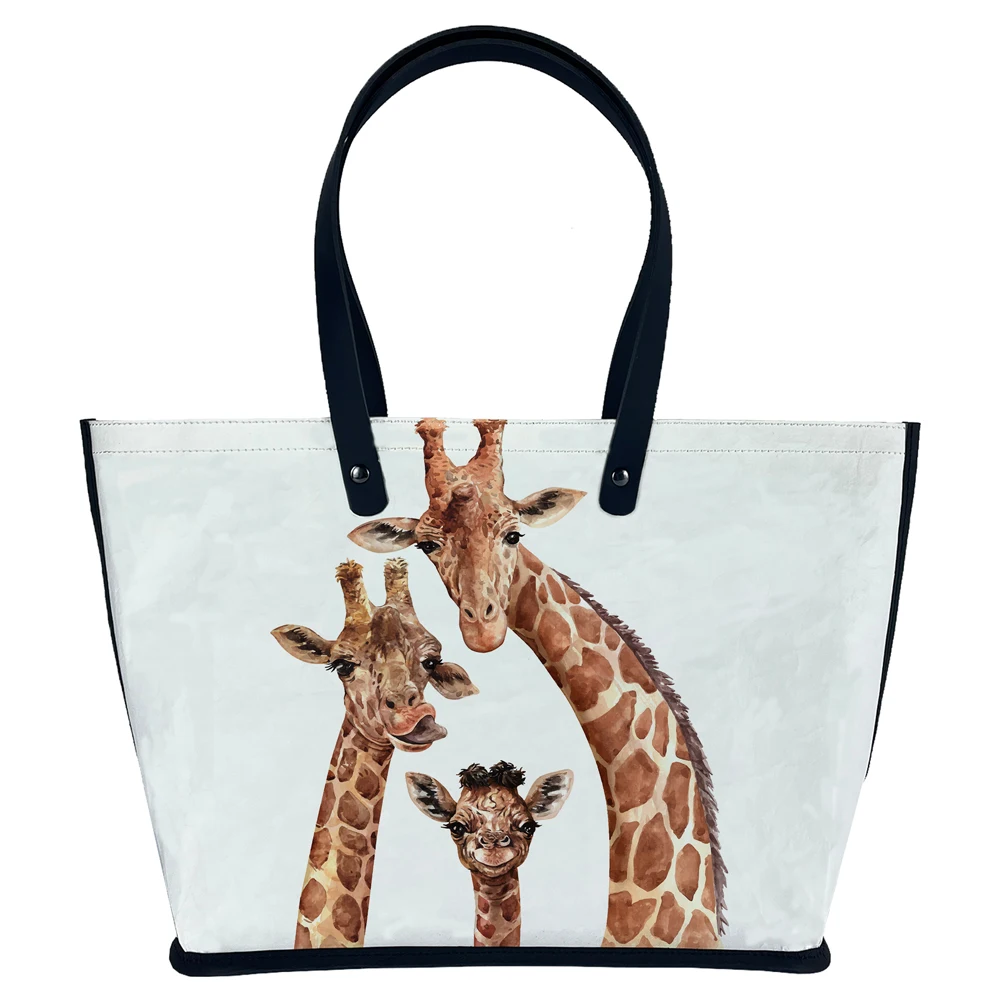 

2021 New Arrivals custom print on demand giraffe pattern FSC RPET Environmental protection kraft paper women handbag tote bag