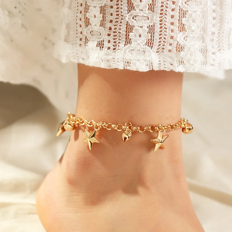 

OUYE jewelry initial simple personality beach style shell starfish link anklet with diamond claw chain foot ornaments for women, Colorful