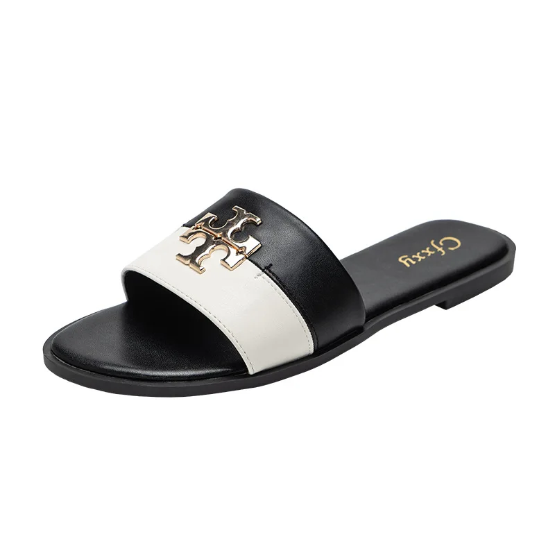 

2021 wholesale designers trendy fashion TB flat metal logo summer women's casual flat slides sandals for ladies