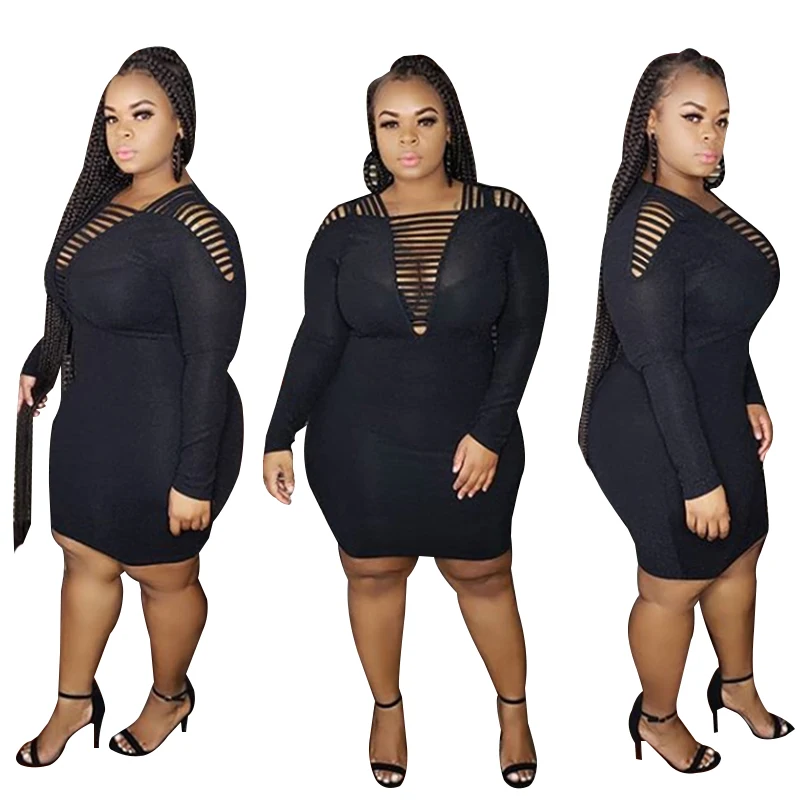 

OR1157 black club party dress V-neck long sleeves plus size women club dress