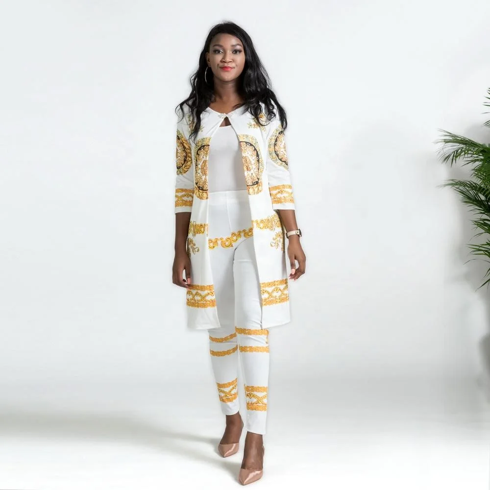 

2019 New African women clothes Print Elastic Bazin Baggy Pants Rock Style Dashiki SLeeve clothes For Lady coat and leggings 2pcs