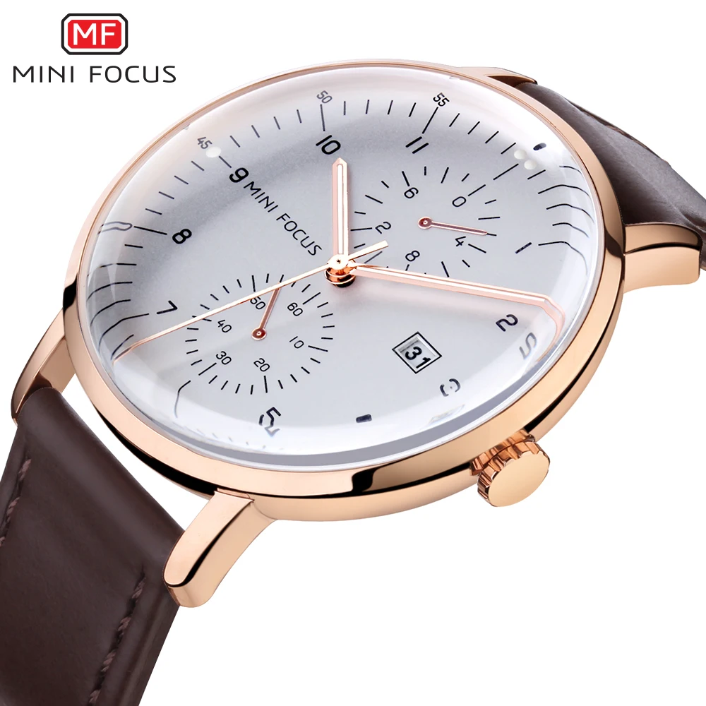 

MINI FOCUS MF0052G Men Quartz Watch Luxury Leather Band Watch Man Watch With Date Relojes Hombre, 3 colors