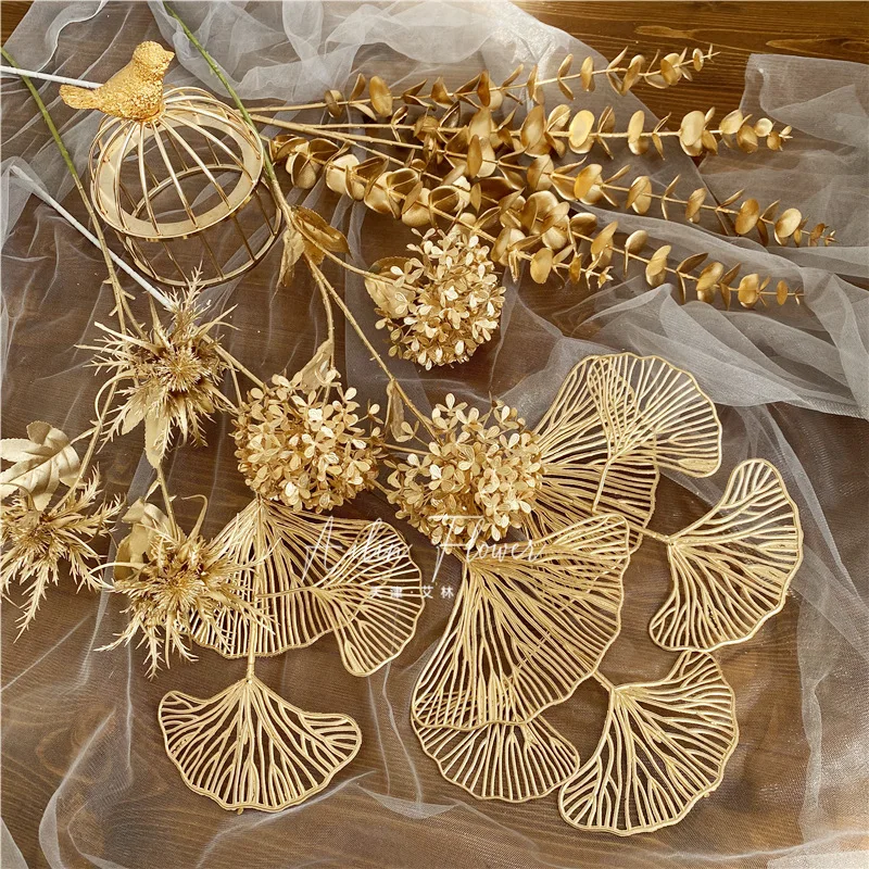 

D-GO001 golden leaf decor palm artificial bamboo leaves artificial eucalyptus stem for Christmas wedding flower arrange ment