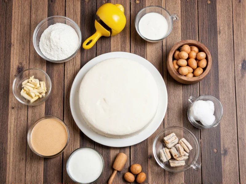 Homemade white cake ingredients on rustic wooden table