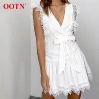 

OOTN Female V-Neck Belted Sleeveless 2020 Clothes For Women Vestidos Sexy Lace Patchwork Mini Dresses Elegant White Summer Dress