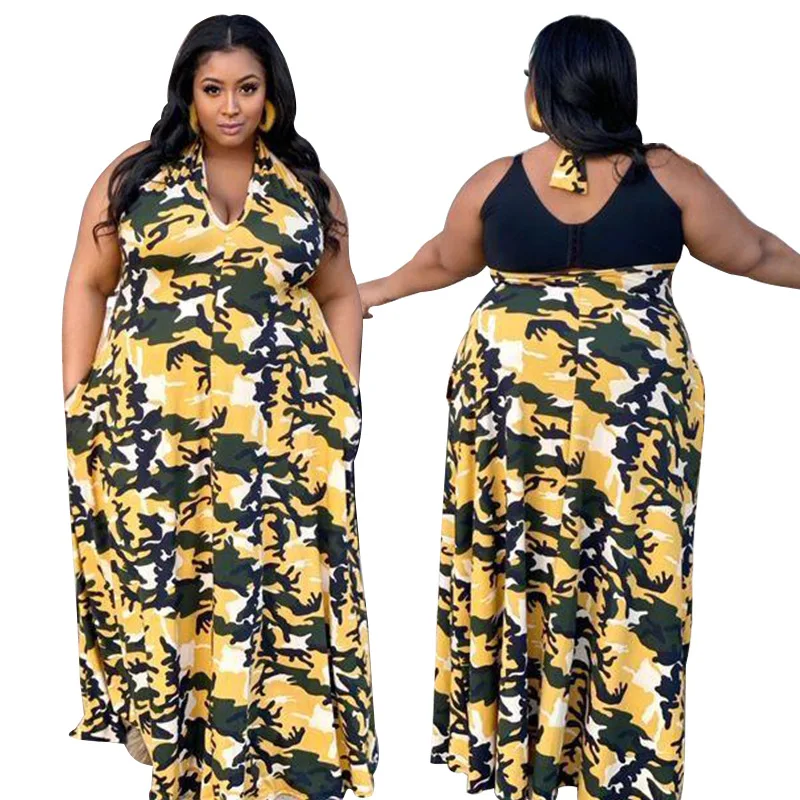 Woman Summer Camouflage  Strapless Long Sleeveless Plus Size Print Dress