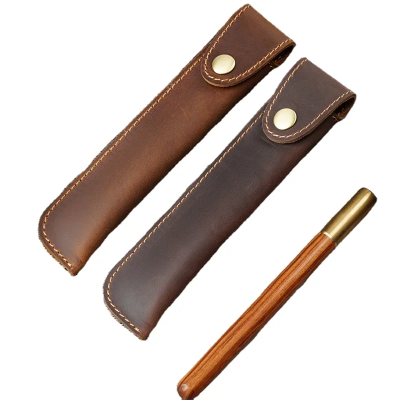 Custom Retro Crazy Horse Leather Pencil Case Bag Genuine Genuine Leather School Pen Holder with Carving Custom Color