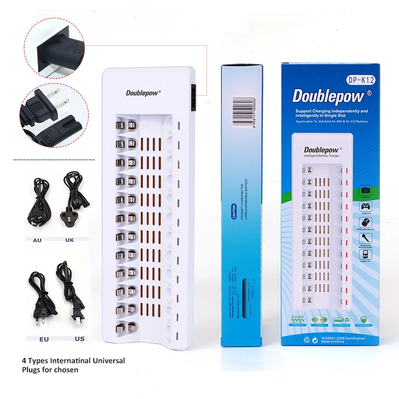 

12 slot AA and AAA nimh nicd battery cell smart quick charger with universal AU UK EU US plug
