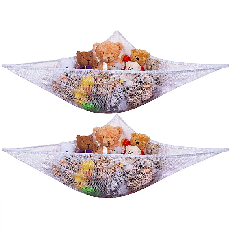 Toy Hammock for Stuffed Animals Strong Mesh Toy Organizer with Metal Hooks  Large Triangular Hanging Storage Net White Pink Blue