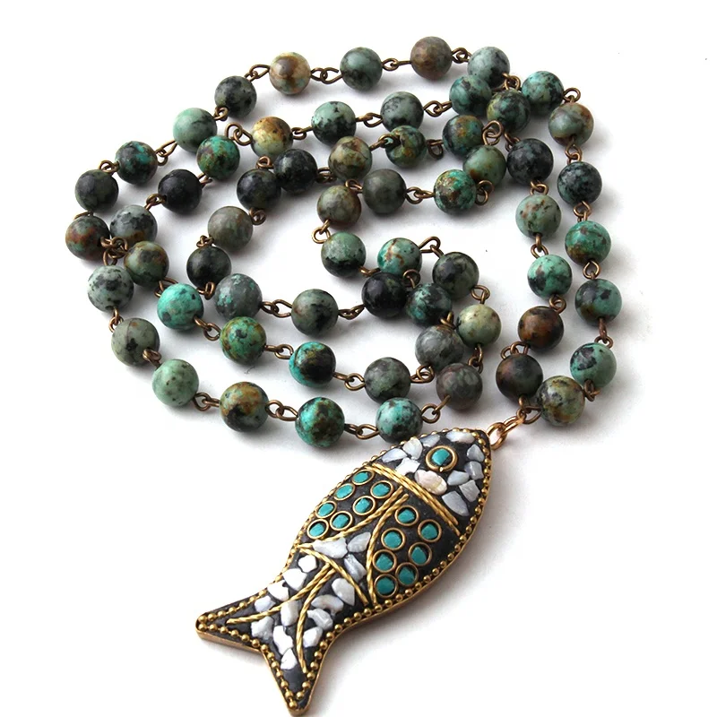 Fashion Ethnic Bohemian Tribal Jewelry Rosary Chain African Turquoise Necklace Fish Pendant Necklace