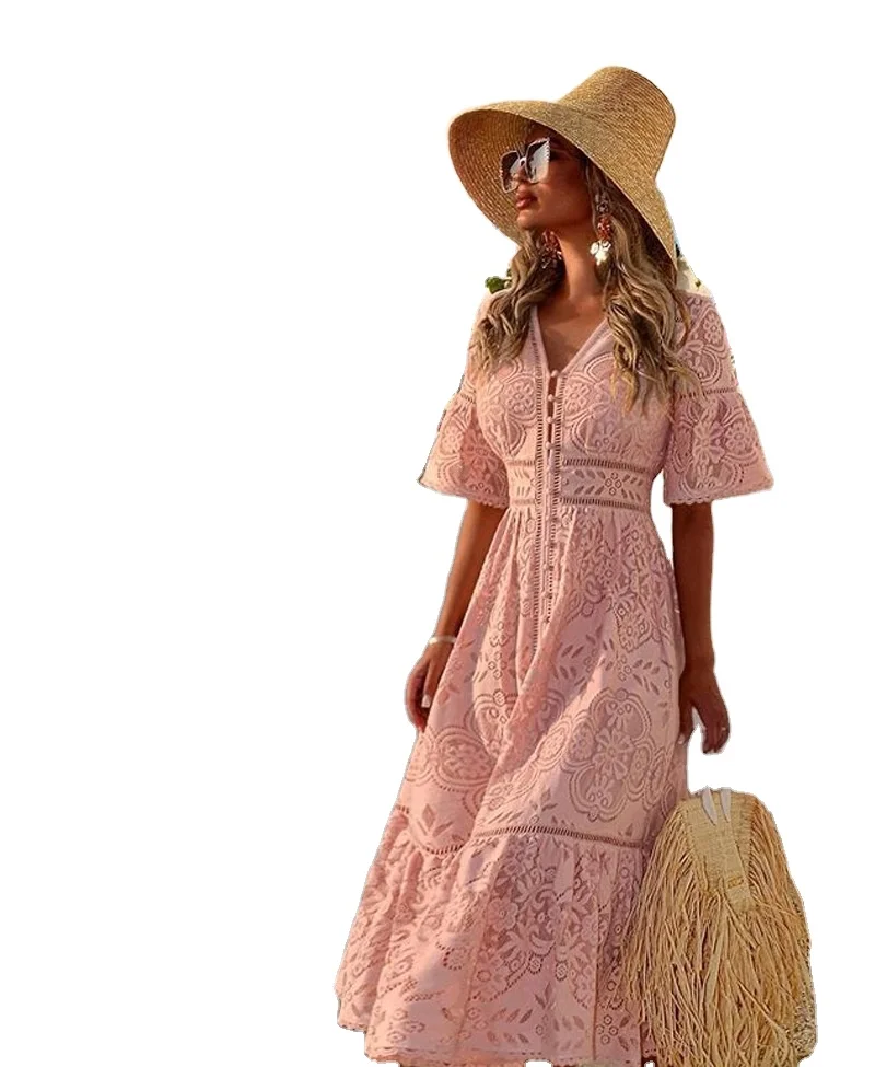 

New 2022 Short Sleeve Hollow Out Lace Dress Women Mini Dress, Picture color