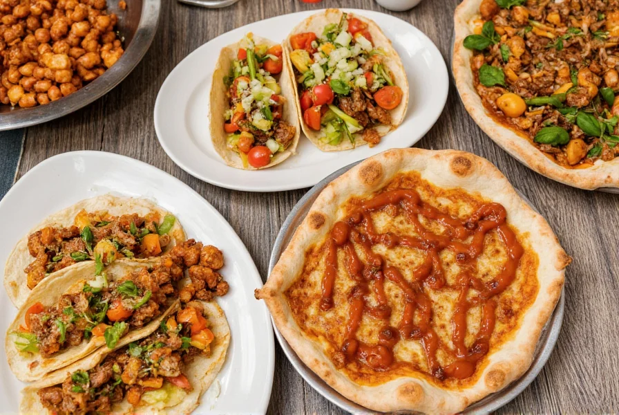 Various dishes including tacos, stir-fry, and pizza topped with homemade chili sauce