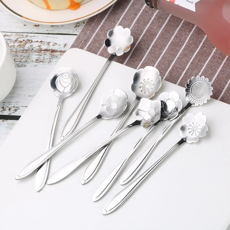 

Wedding Gold Flower Tea Coffee Spoon Silver Stainless Steel Dessert Stirring Spoon