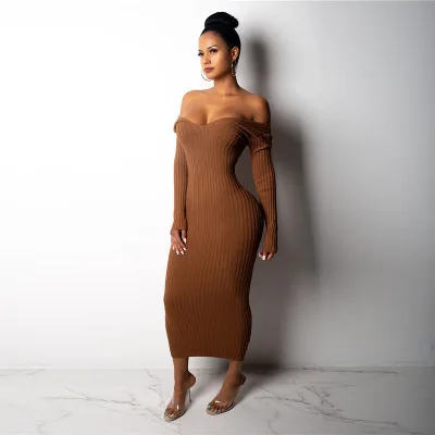 

2020 Clothing wholesale fall women Long Sleeve off shoulder knitted Sweater dresses elegant plus size maxi Dress