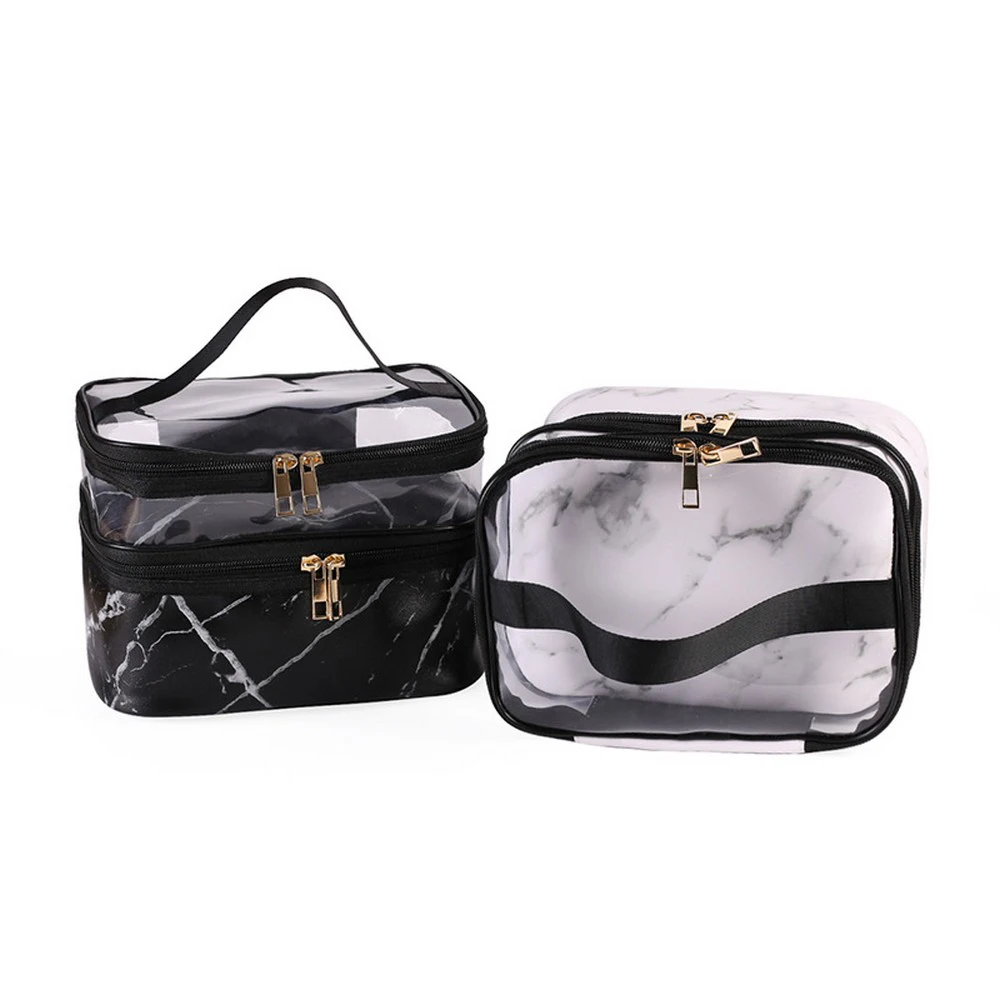 

Waterproof Organizer Pouches Tote Travel Cosmetic Cases Handing Double Layer PVC Transparent Makeup Bag, Black, white, st1, st2