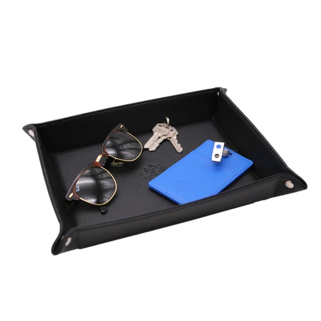 

Hot sale Pebble grain PU leather, silver snap Bedside Storage Tray Box For Coin Key Phone Wallet Watches Glasses Catchall, Charcoal grey