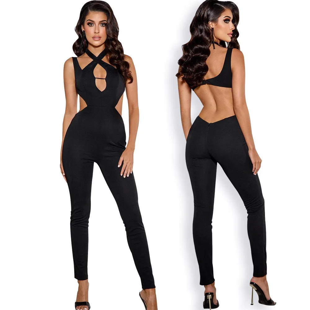 

2022 New Woman Romper Fashion Sexy Bodycon Bandage Hollow Sleeveless Backless One Piece Lady Jumpsuit, Picture