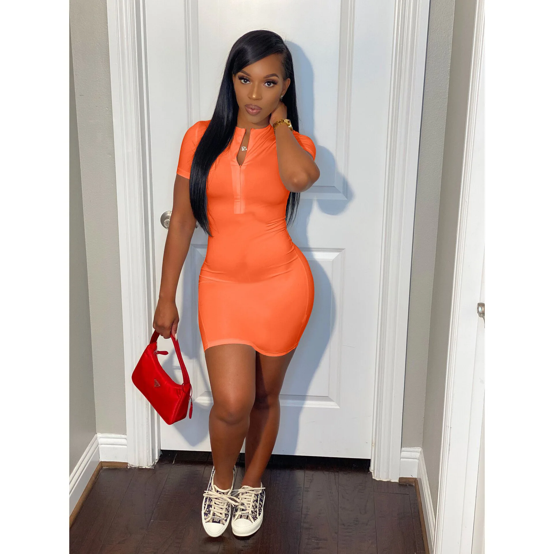 

A0800X Sexy short sleeve tight dress Casual solid color women's dress 2021 summer hot sale