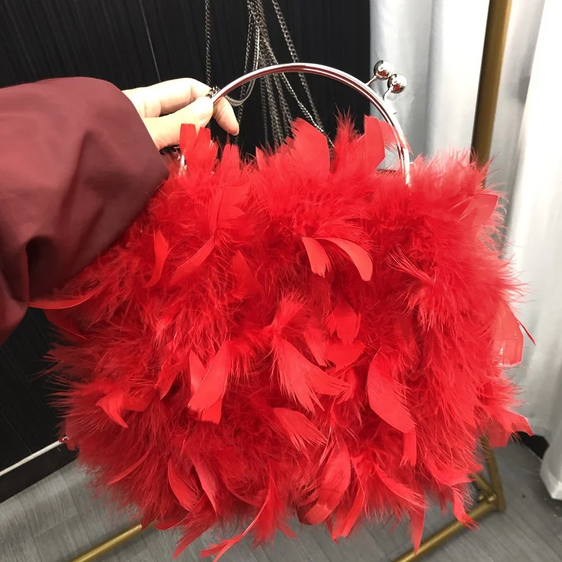 

High quality flurry bag colored  gold chain real ostrich fur hand bag for women, Black, blue, purple, orange, pink, and other color