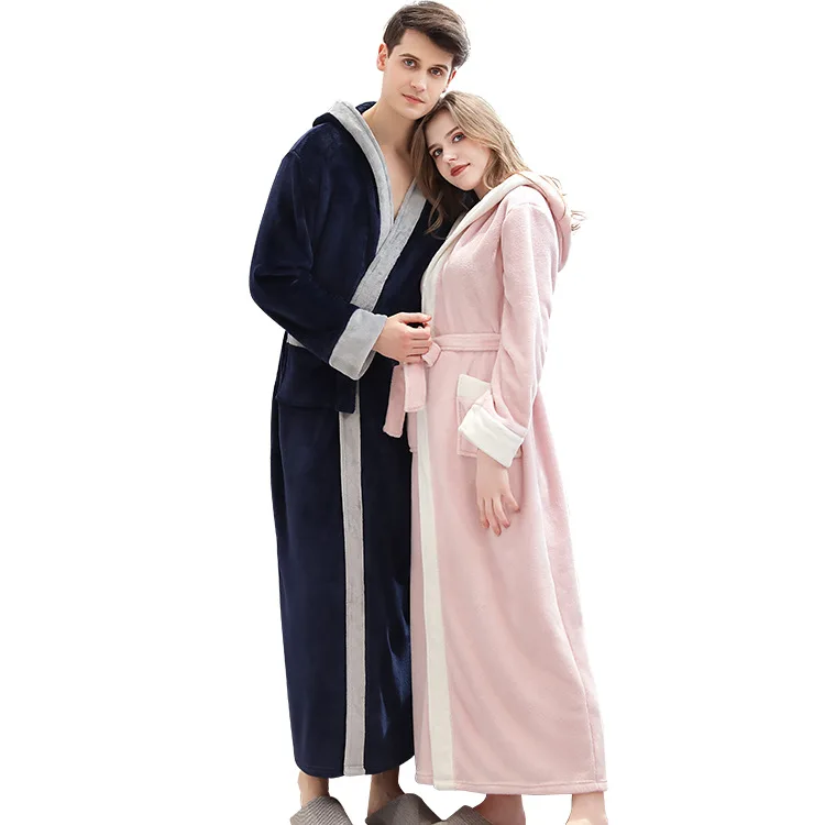 

Winter Soft Flannel Thickened Lovers Men Women Long Bathrobes Absorbable Thick Warm Sleepwear Nightgown Hotel Home Clothes