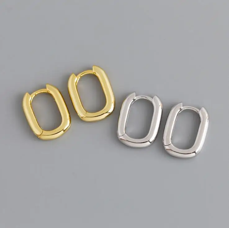 

Trendy Women 925 Sterling silver Fashion Thick Tiny Small Curved Rectangle Hoop Earring French Hoop Earrings Modern Earrings