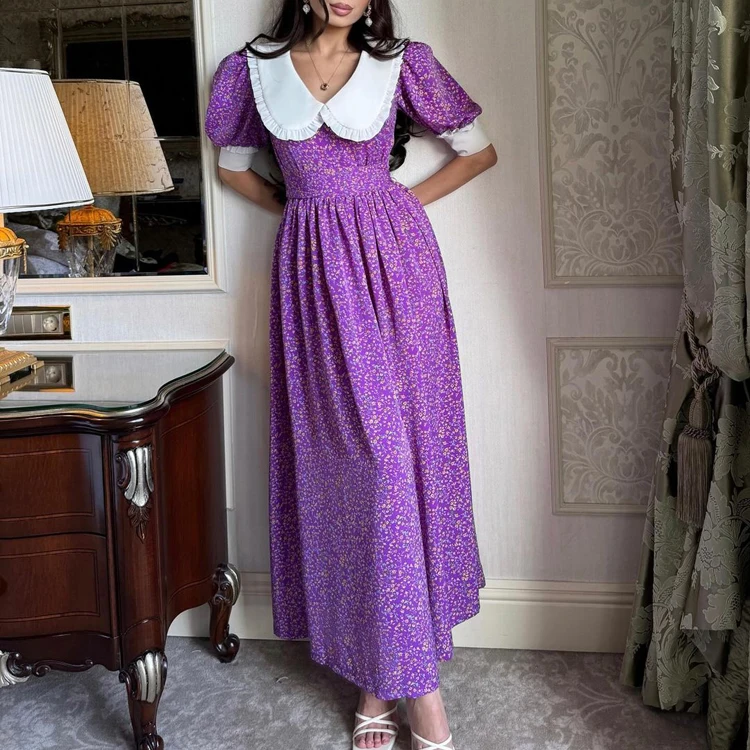 Patchwork Collar Short Sleeve Belted Casual Vestidos Frock Maxi Long Summer Ladies Floral Dresses Purple Dress for Women Elegant