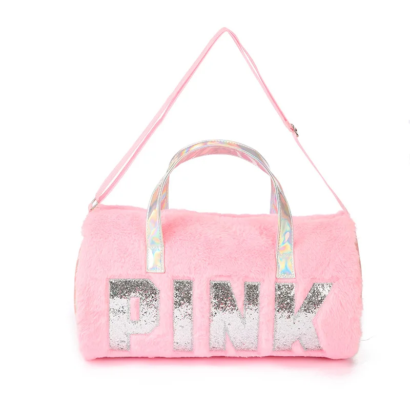 

Cute Pink gym bags with custom print Plush Duffel Bag Holographic fur duffle Travel For women sport bag